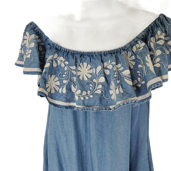 Rebecca Minkoff Summer Short Dress Small Blue Denim Chambray Off Shoulder Pocket - Picture 3 of 9